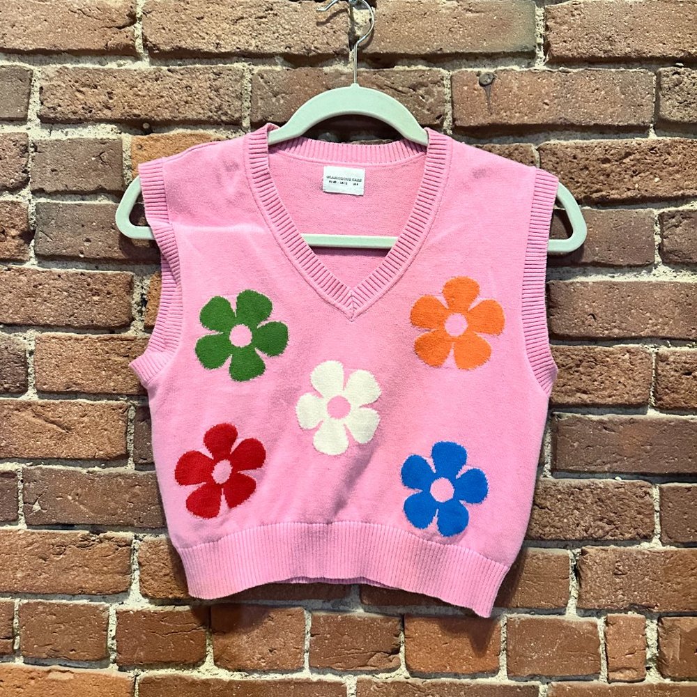 Bright Pink Cropped Pull Over Vest With Retro Flowers